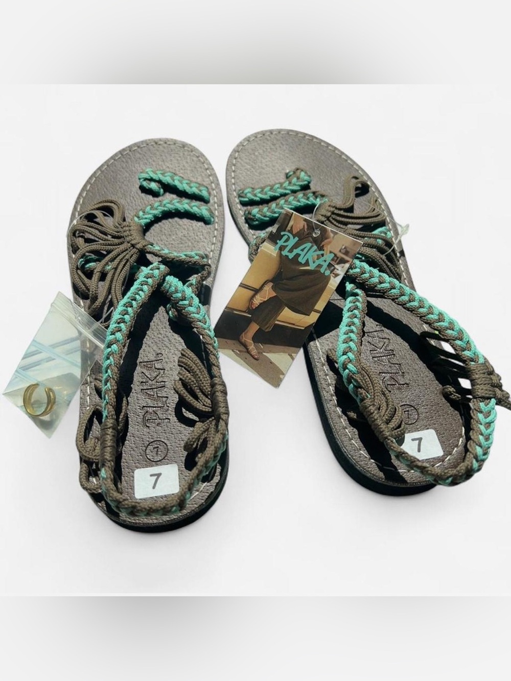 NWT Plaka Palm Leaf Flat Sandals - Turquoise‎ Brown Boho Strappy - Size 7